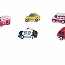 Cheap ✨ Wooden Vehicle 6 Car Set (Police, Ambulance, Fire Ladder Truck, School Bus, Taxi, Ice Cream Truck) 🎁