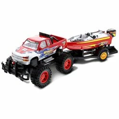 Outlet ❤️ Monster Truck Trailer & Speed Boat Friction Push Powered Hauler Play Set Outdoor Beach Sandbox Fun Toy Vehicle Adventure For Kids, Red Or Black Color 🧨