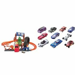 Best Sale 🤩 Toxic Gorilla Slam Gas Station & Tire Repair Shop Playset With Adjustable Launcher For Kids 5 Years Old & Up & Set Of 10 1:64 Scale Toy Trucks And Cars For Kids And Collector 🔔