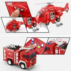 Cheap 🎁 4 Pack Friction Powered City Fire Rescue Vehicle Truck Car Set Including Helicopter, Boom Lift Truck,Ladder Fire Truck, And Fire Engine, With Light And Sounds / Sirens ❤️