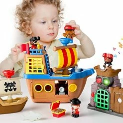 Brand new 👍 Ge Pirate Ship Toys, Kids Pretend Adventure Playset W/ Figures, Boat, Island &Treasure, Toddler Imaginative Play W/ Light Sound, 🥳 Birthday Gifts For Age 2 3 4 5 6 Year Old Boys 👧 Girls 😉