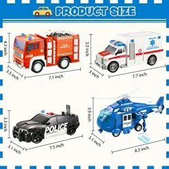 Best Pirce 🤩 JOYIN 4 Packs Emergency Vehicle Toy Playsets, Friction Powered Vehicles With Light And Sound, Including Fire Truck, Ambulance Toy, Play Police Car And Toy Helicopter, Best Toddler Kids Boys Gifts 🎁 -Vehicles Online Shop 519fjRH5hOL