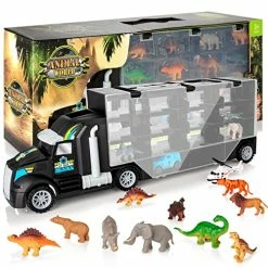 Flash Sale 🧨 Dinosaur Transport Truck, Carrier Toy Car With Dinosaurs Wild Life Car Helicopter, Portable Handle Best Dinosaur Toy For Boys 👧 Girls Age 3+(Black) 🔥