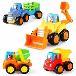 Discount 🌟 4 Pack Friction Powered Cars Construction Vehicles Toy Set Cartoon Push And Go Car Tractor, Bulldozer, Cement Mixer Truck, Dumper For Year Old Boy Girl Kid Gift ✔️