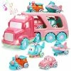 Wholesale 😉 Carrier Car Toy Set(5 In 1) With Lights And Sounds, Pink Toy For Girl Toddler Kid, Friction Powered Double Layer Transport Truck With Cartoon Vehicles, Child Play 🥳 Birthday Gift 🎄 Christmas Party Favors 💯 -Vehicles Online Shop 51IM02eqwcL