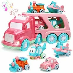 Wholesale 😉 Carrier Car Toy Set(5 In 1) With Lights And Sounds, Pink Toy For Girl Toddler Kid, Friction Powered Double Layer Transport Truck With Cartoon Vehicles, Child Play 🥳 Birthday Gift 🎄 Christmas Party Favors 💯