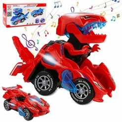Promo 𧨠Transforming Dinosaur Toys, Transforming Dinosaur Car, Automatic Transform Dino Cars With Music And LED Light, Transform Car Toy For Kids Boys π§ Girls, π Christmas π Birthday Gifts For Kids (Red) π