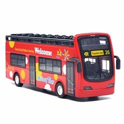 Cheap 😉 City Bus Sightseeing Double Decker Bus Model Open Top Pull Back Toy Die Cast Pull Back Vehicles Mini Model Car Lights And Music (Red) 🎉