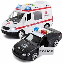 New 👍 Police & Ambulance Car Set For Boys & 👧 Girls Friction Powered , With Lights And Sirens 🎉