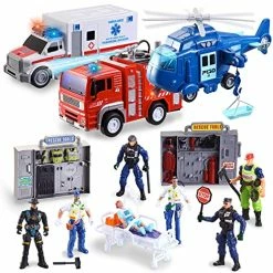 Best Pirce ✨ 13Pcs Ambulance Toys, City Emergency Truck Toy Set With Fire Truck, Ambulance, Helicopter, Action Figures, Friction Powered Vehicles With Light And Sound, Boys 👧 Girls Gifts For 1-8 Years 🔔