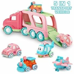 Wholesale 😉 Carrier Car Toy Set(5 In 1) With Lights And Sounds, Pink Toy For Girl Toddler Kid, Friction Powered Double Layer Transport Truck With Cartoon Vehicles, Child Play 🥳 Birthday Gift 🎄 Christmas Party Favors 💯 -Vehicles Online Shop 51RTXpFEw0L