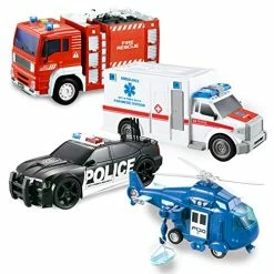 Best Pirce 🤩 JOYIN 4 Packs Emergency Vehicle Toy Playsets, Friction Powered Vehicles With Light And Sound, Including Fire Truck, Ambulance Toy, Play Police Car And Toy Helicopter, Best Toddler Kids Boys Gifts 🎁