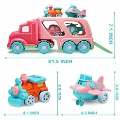 Wholesale 😉 Carrier Car Toy Set(5 In 1) With Lights And Sounds, Pink Toy For Girl Toddler Kid, Friction Powered Double Layer Transport Truck With Cartoon Vehicles, Child Play 🥳 Birthday Gift 🎄 Christmas Party Favors 💯 -Vehicles Online Shop 51UT5WZMC4L
