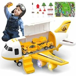 Flash Sale ✨ Toddler Airplane Toys For 2 3 4 5 Year Old Boys & 👧 Girls, Kids Toys Plane With Lights And Sounds, Transport Cargo Airplane With 4 Construction Cars Yellow 😍