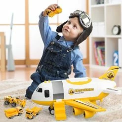 Flash Sale ✨ Toddler Airplane Toys For 2 3 4 5 Year Old Boys & 👧 Girls, Kids Toys Plane With Lights And Sounds, Transport Cargo Airplane With 4 Construction Cars Yellow 😍 -Vehicles Online Shop 51cgeaISeiL