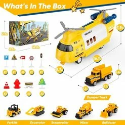 Brand new 😀 Airplane Toy For 3 4 5 6 Year Old Boys, Transport Cargo Toy Airplane Car Toys Set, Friction Powered Helicopter W/ Sounds & Lights, 6 Mini Construction Vehicles & 12 Traffic Road Signs (Yellow) 😍 -Vehicles Online Shop 51eqs3a0MjL