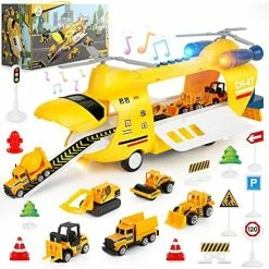 Brand new 😀 Airplane Toy For 3 4 5 6 Year Old Boys, Transport Cargo Toy Airplane Car Toys Set, Friction Powered Helicopter W/ Sounds & Lights, 6 Mini Construction Vehicles & 12 Traffic Road Signs (Yellow) 😍 -Vehicles Online Shop 51lXeHLhkzL. AC