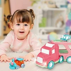 Wholesale 😉 Carrier Car Toy Set(5 In 1) With Lights And Sounds, Pink Toy For Girl Toddler Kid, Friction Powered Double Layer Transport Truck With Cartoon Vehicles, Child Play 🥳 Birthday Gift 🎄 Christmas Party Favors 💯 -Vehicles Online Shop 51oOR8LO8TL