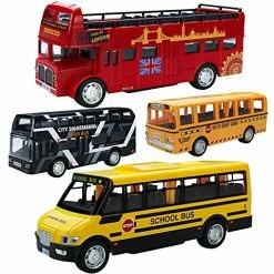 New 🤩 Bus Toys Die Cast Metal Toy Cars Pull Back School Bus Double Decker London Vehicles Friction Powered City Sightseeing Tour Bus Play Vehicle Toy Set For Kids 4 Pack 🌟