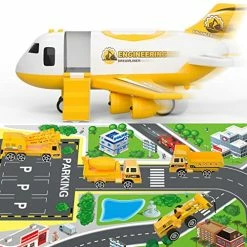 Flash Sale ✨ Toddler Airplane Toys For 2 3 4 5 Year Old Boys & 👧 Girls, Kids Toys Plane With Lights And Sounds, Transport Cargo Airplane With 4 Construction Cars Yellow 😍 -Vehicles Online Shop 51zkYUMaMuL